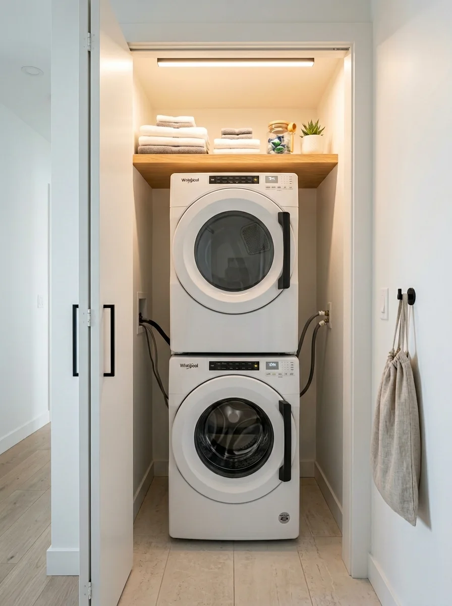 Stacked white washer and dryer in a narrow laundry closet with oak shelf and warm lighting — compact laundry room design