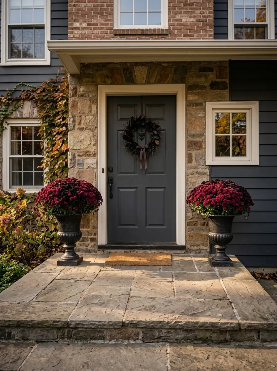 Front door entrance framed by stone walls, dark urn planters with burgundy mums, and a seasonal wreath.