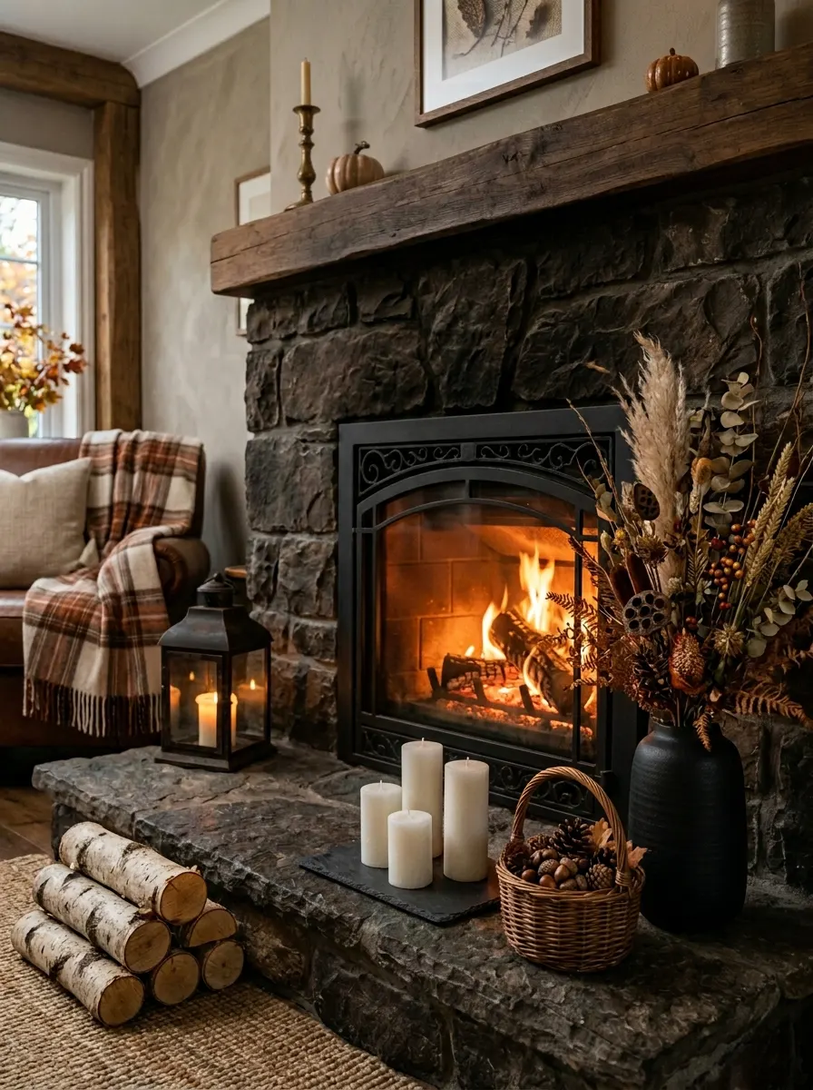 Stone fireplace surrounded by candles, birch logs, woven basket, dried florals, and rustic autumn decor.