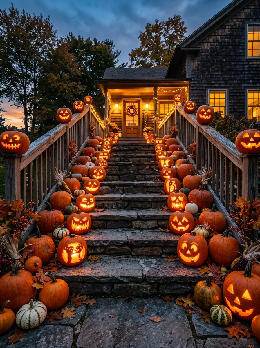 Stone entry stairs lined with carved pumpkins, seasonal gourds, string lights, and autumn foliage at twilight.