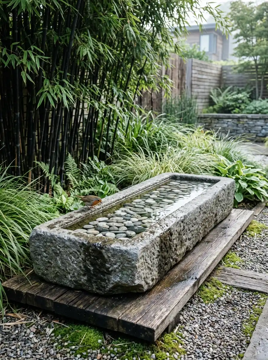 Rectangular stone trough bird bath with river pebbles and shallow water surrounded by black bamboo in contemporary garden