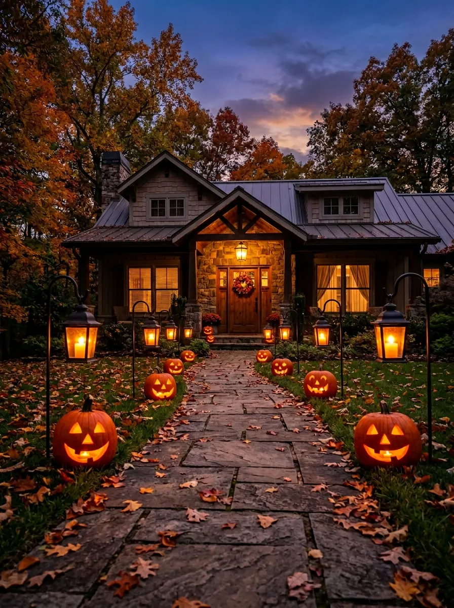 Stone garden path lined with glowing lanterns and carved pumpkins leading to a warmly illuminated cottage-style home.