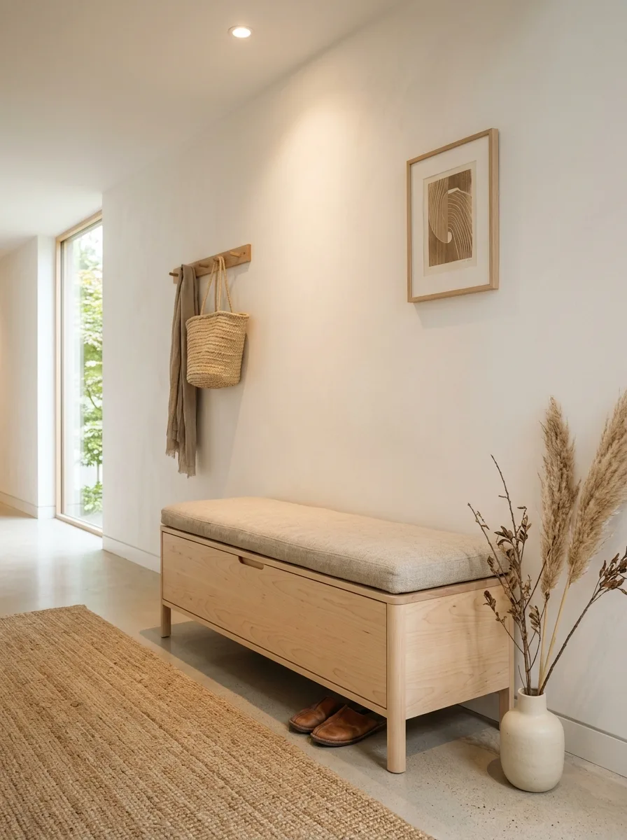 Japandi entryway ideas with light birch storage bench, linen cushion, ceramic vase and warm recessed lighting