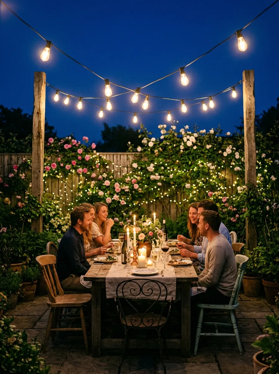 Edison string lights forming a canopy above a garden dining table with climbing roses and candles in a bohemian outdoor space