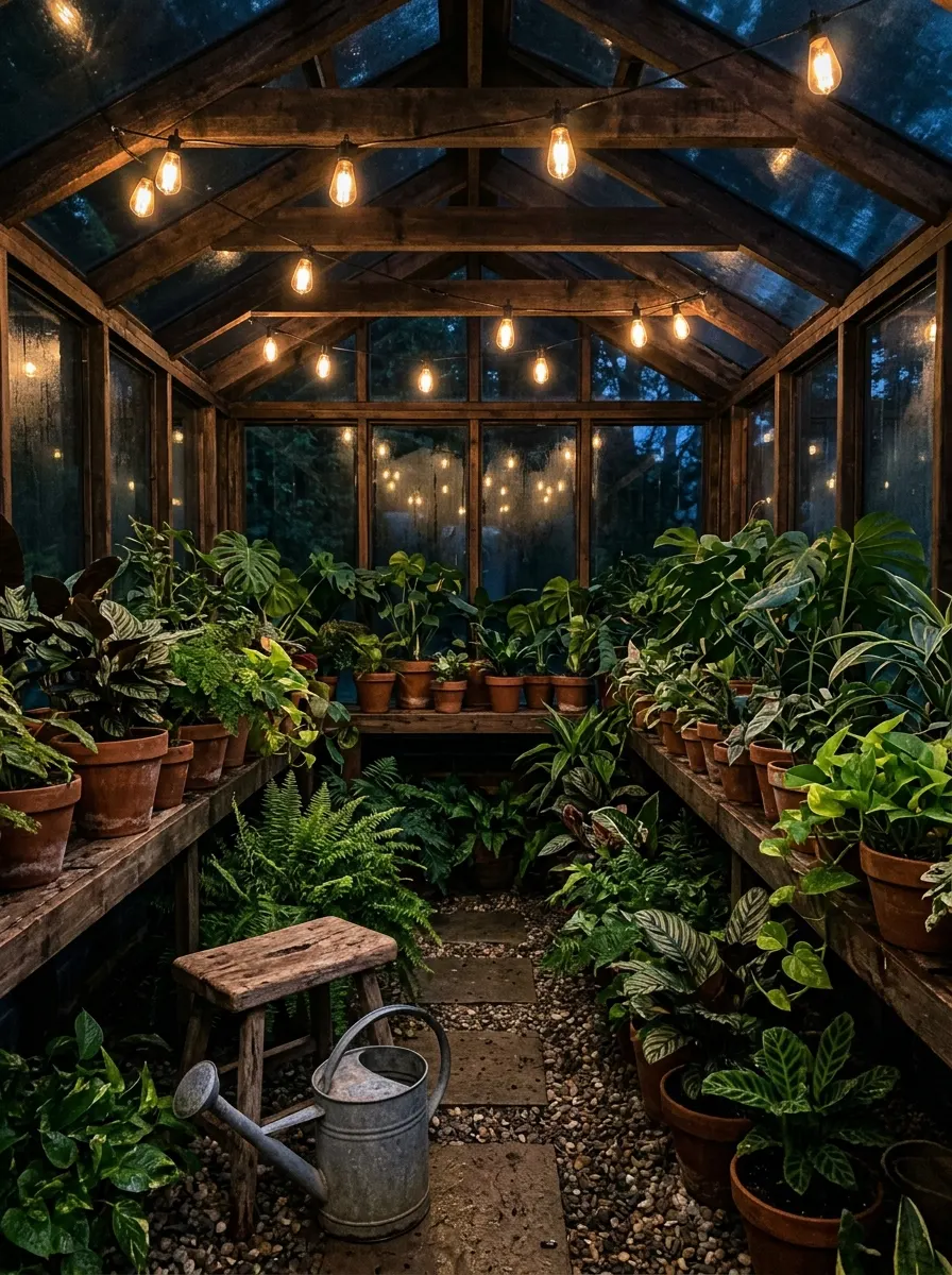 Edison string lights creating warm cozy ambience inside home greenhouse ideas space with tropical plants and timber ceiling beams