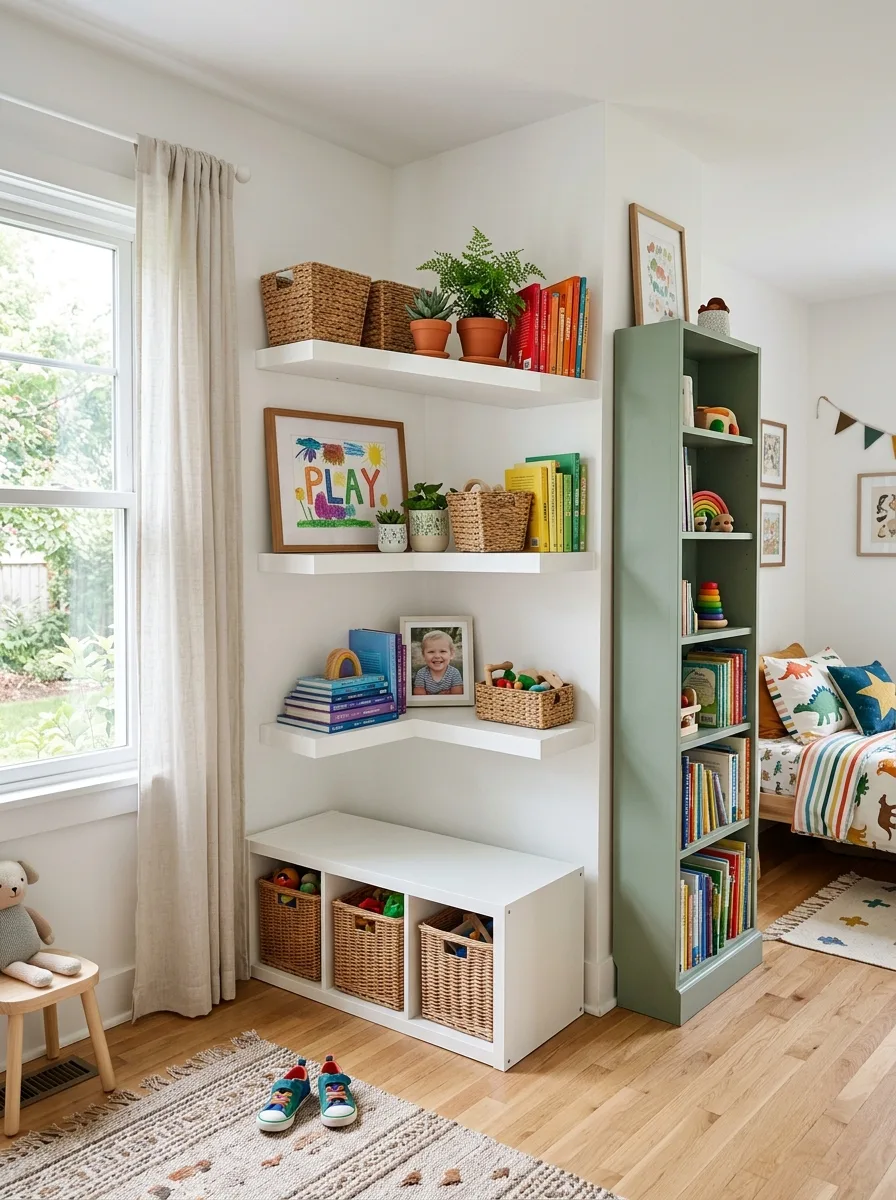 White floating shelves with wicker baskets, books by color, and plants in a neatly styled kids bedroom
