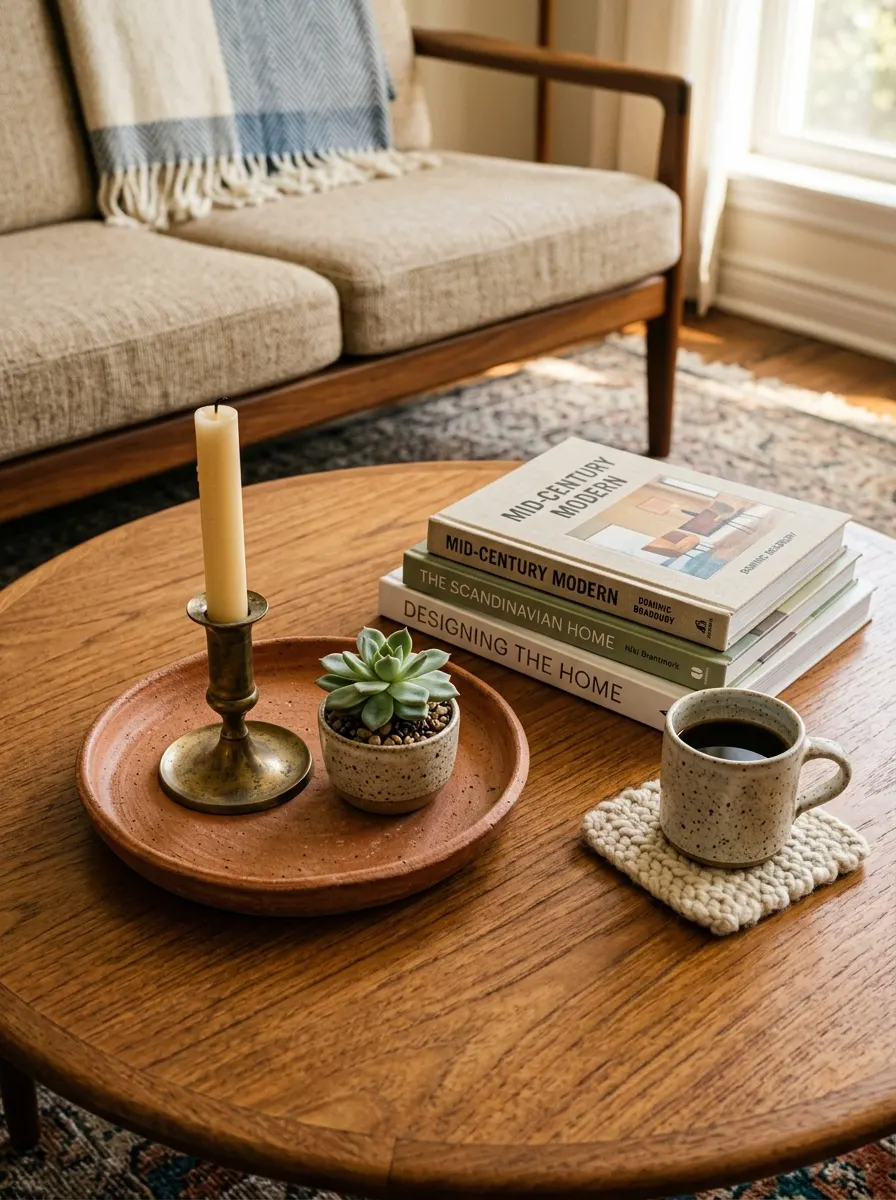Round wooden coffee table styled with books, candle holder, coffee mug, and small succulent in living room.