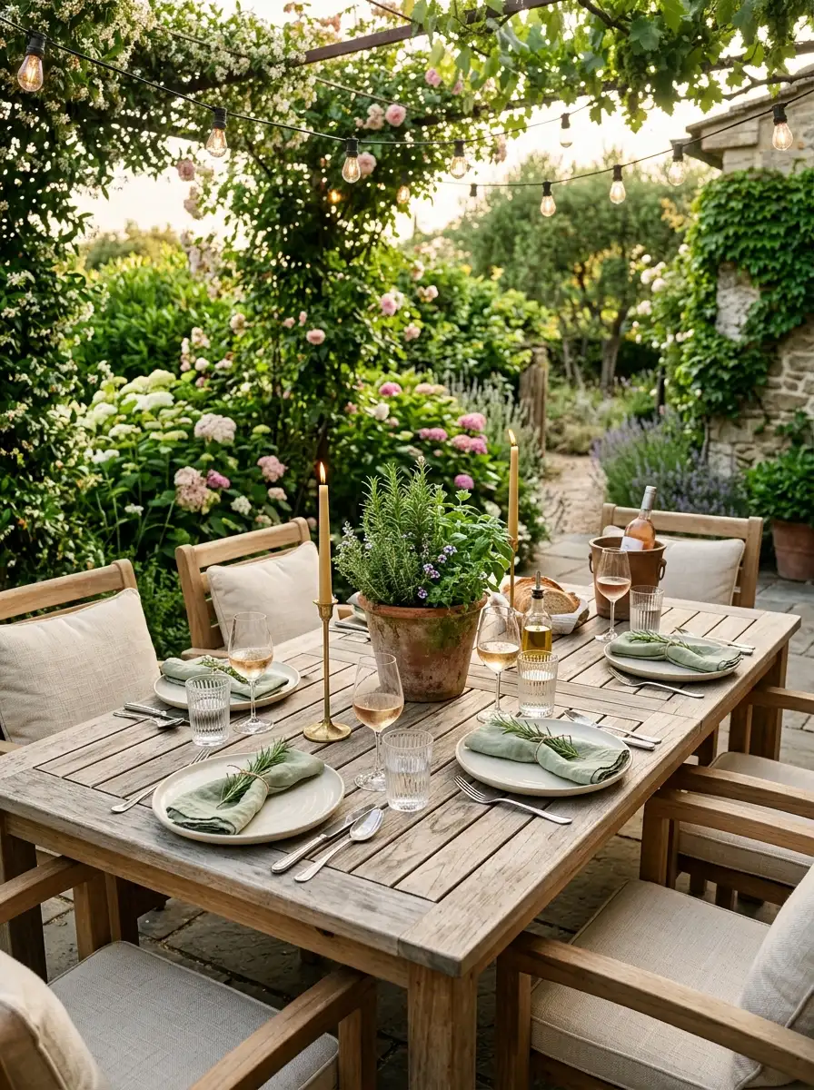 Outdoor dining table set with plates, candles, and potted herbs beneath string lights in a blooming garden.