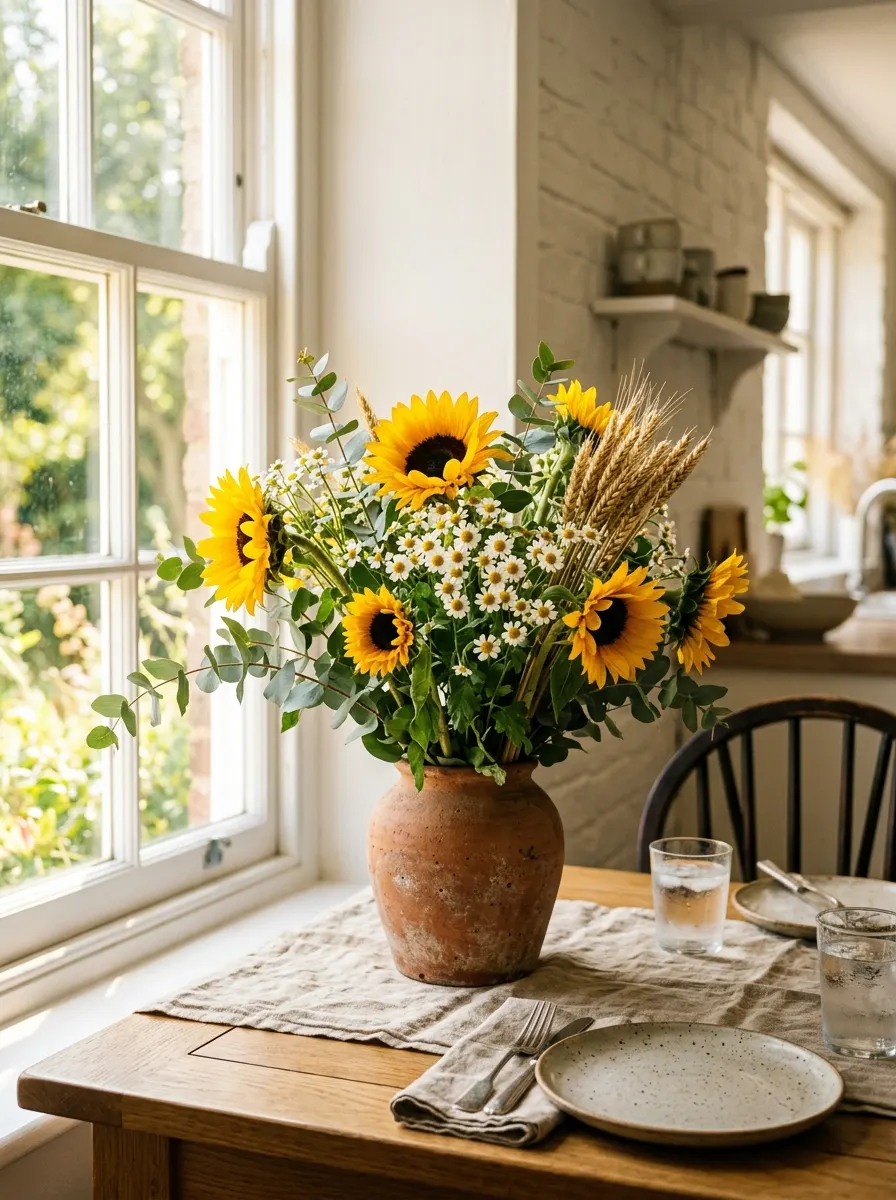 Rustic dining table styled with a ceramic vase of sunflowers, daisies, eucalyptus, and wheat beside bright windows.