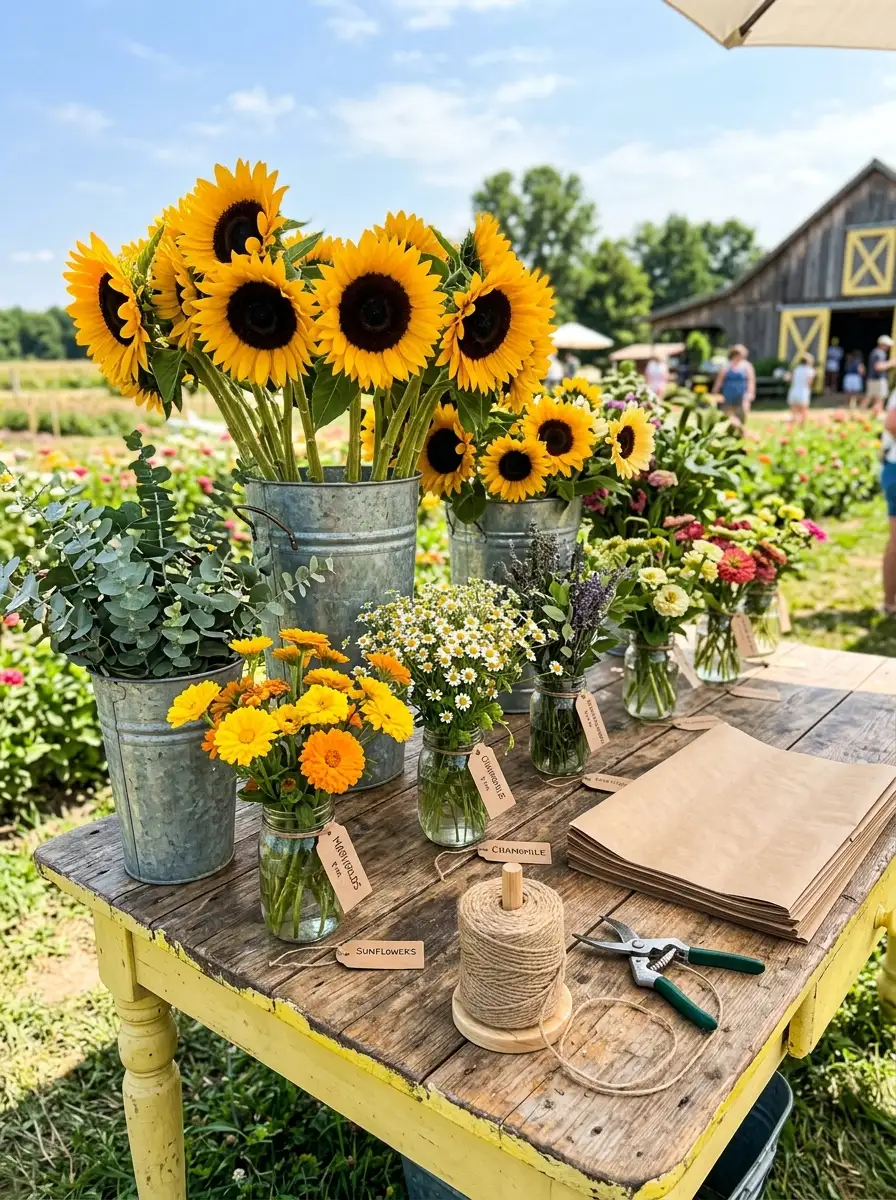 Sunflower flower bar ideas with oversized sunflowers and marigolds in zinc buckets on a bright outdoor summer table