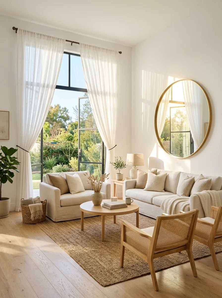 Airy living room with cream seating, sheer curtains, natural fiber rug, round mirror, and abundant daylight through tall windows.