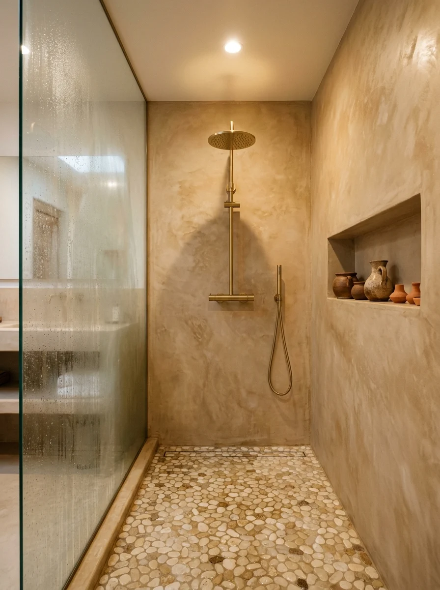 Hand-applied tadelakt plaster shower walls in a warm bathroom color ideas luxury spa setting