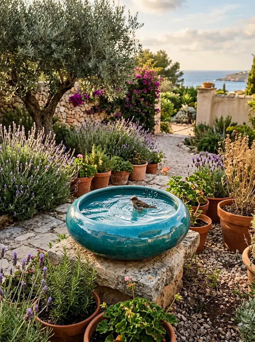 Teal blue glazed ceramic bird bath on stone plinth surrounded by lavender and terracotta pots in a Mediterranean garden