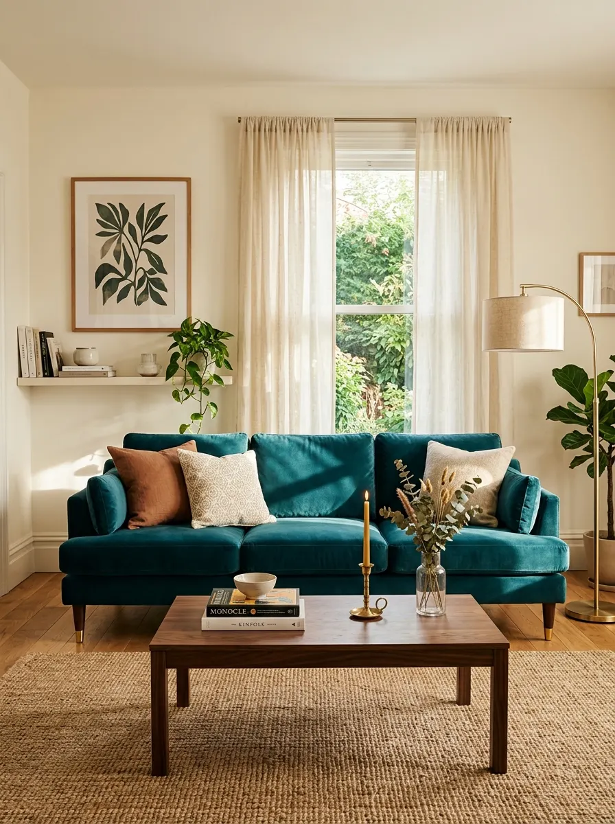 Deep teal velvet sofa in a bright living room with brass accents and warm white walls