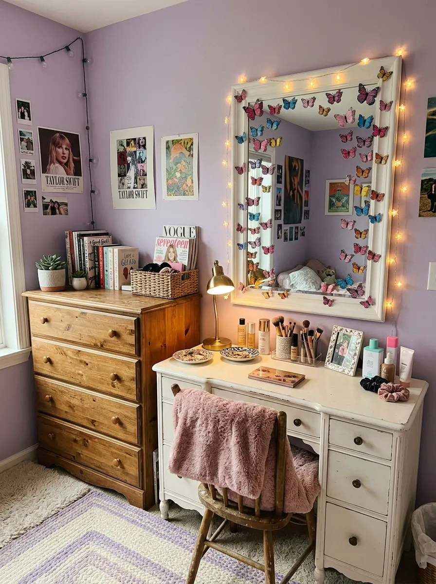 Teen bedroom vanity decorated with colorful butterfly clips and warm fairy lights in a pink and lavender room