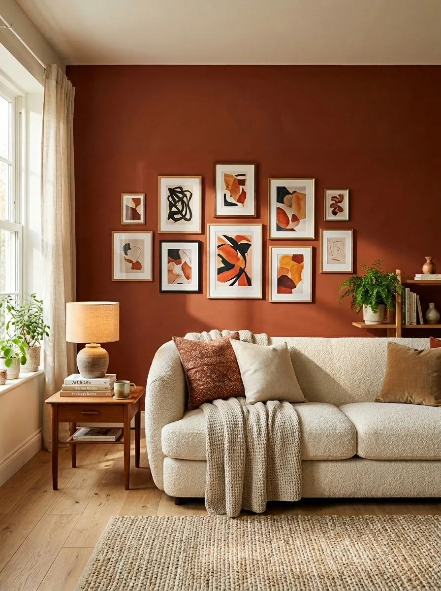 Modern living room featuring terracotta accent wall, abstract framed art, boucle sofa, and beige textiles.