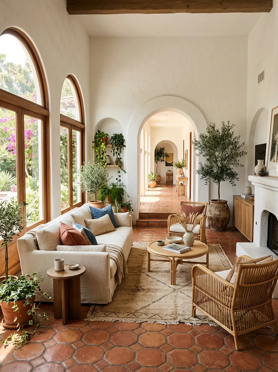 Terracotta hexagonal floor tiles in a bright Mediterranean living room with cream sofa and rattan furniture