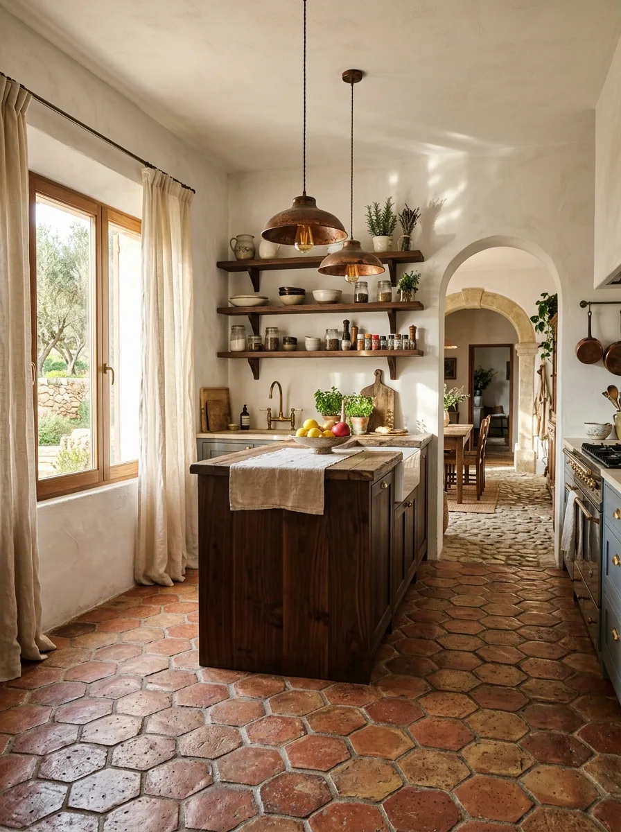 Handmade terracotta hexagonal tiles in a white kitchen with walnut shelves earthy neutral palette