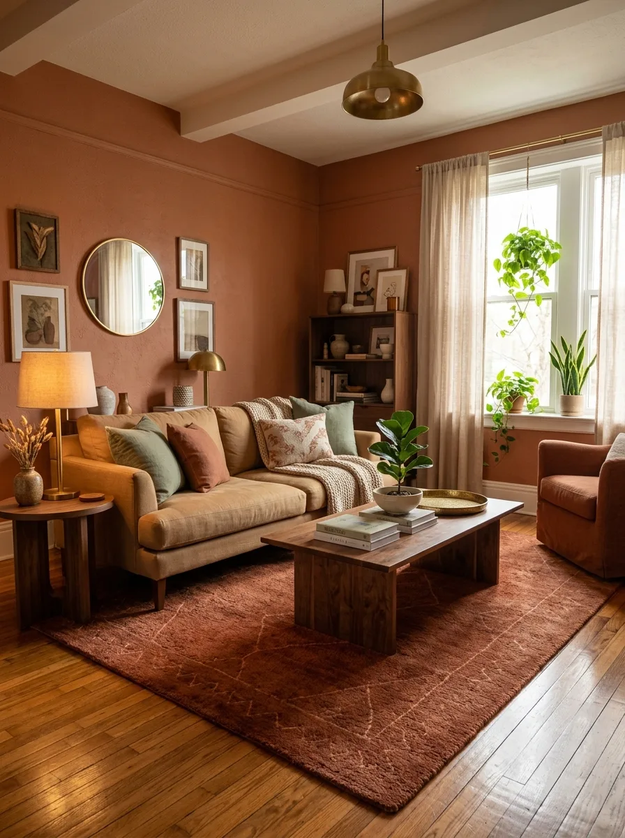 Living room with terracotta walls, walnut coffee table, layered textiles, plants, and warm ambient lighting.