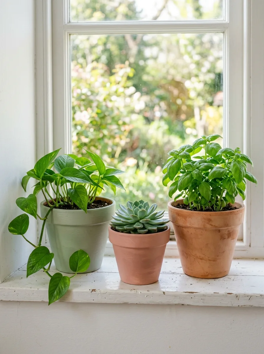 Three potted houseplants on a white windowsill, including trailing greenery, basil, and a succulent.