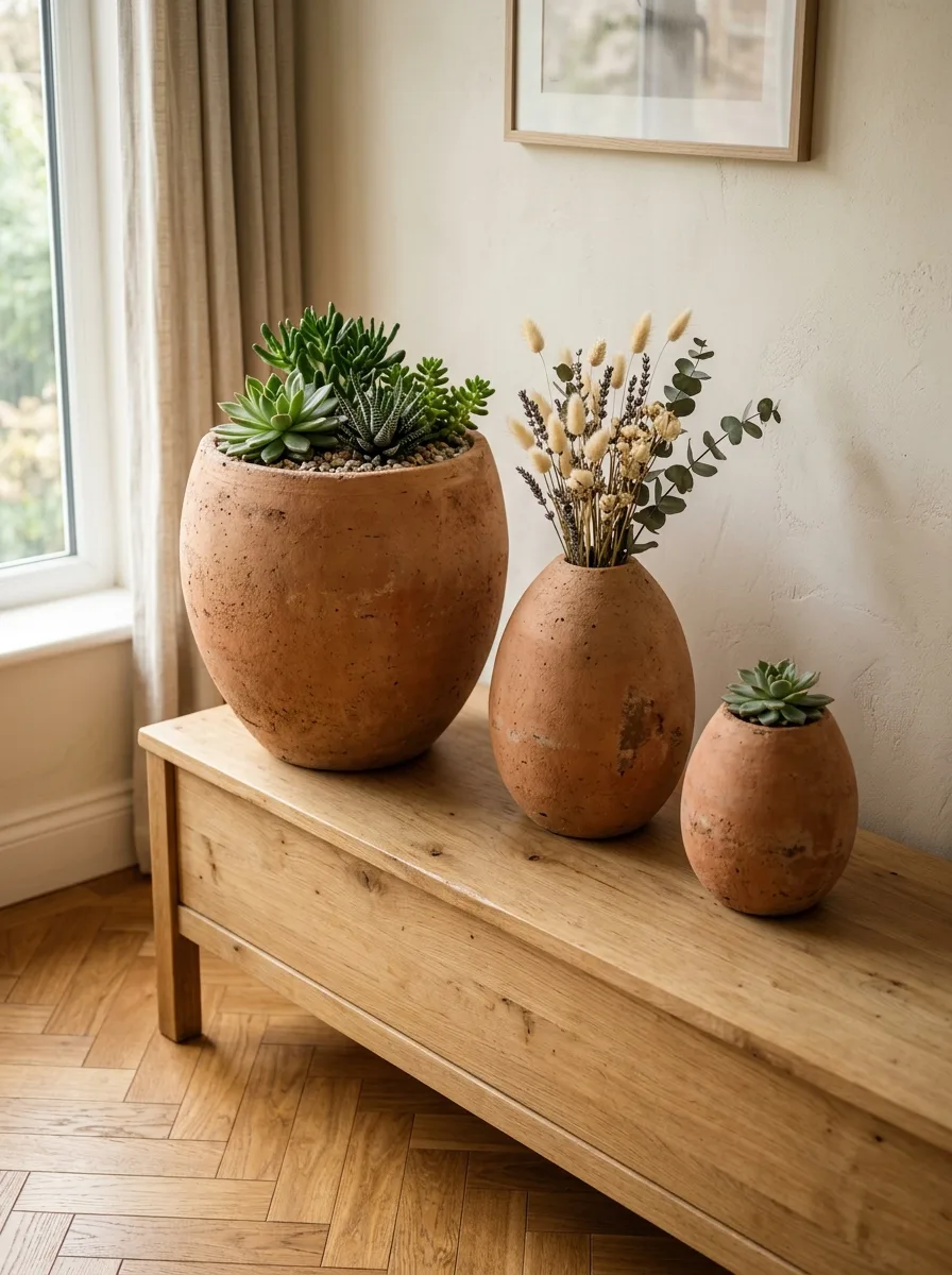 Large terracotta vessels displaying succulents and dried stems arranged on a natural wood console bench.