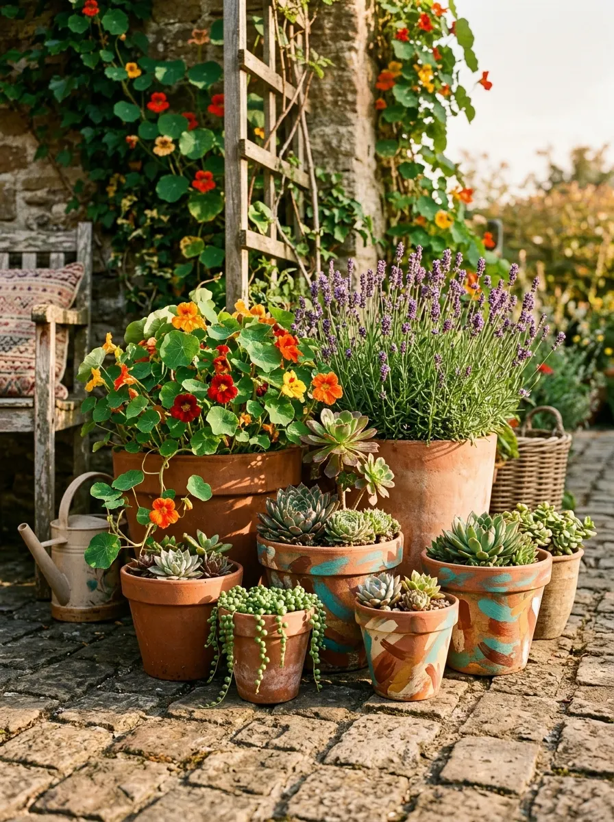 Grouped terracotta pots of varying sizes with painted patterns and trailing plants creating hippie garden ideas on a patio
