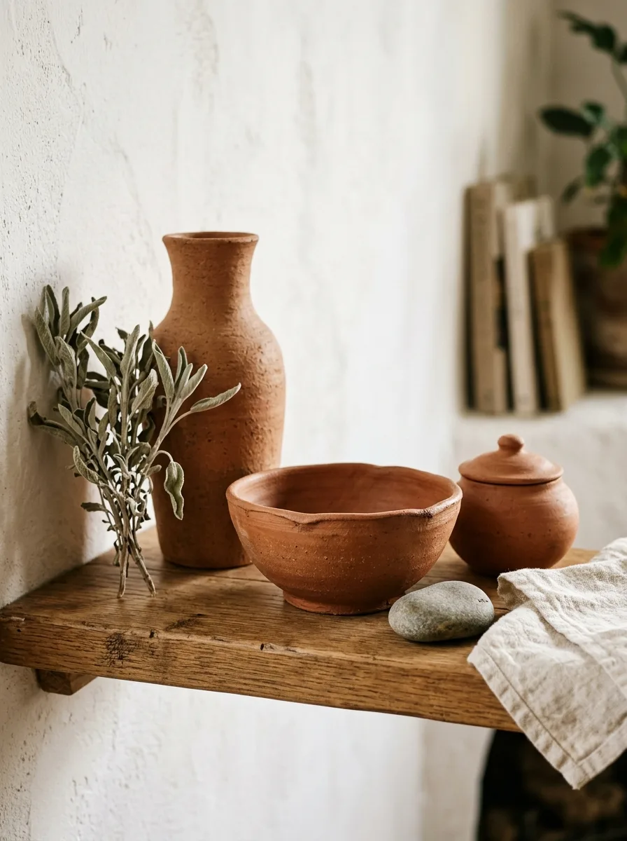 Wood shelf displaying handmade terracotta pottery, ceramic bowl, small vessel, linen cloth, and natural textures.