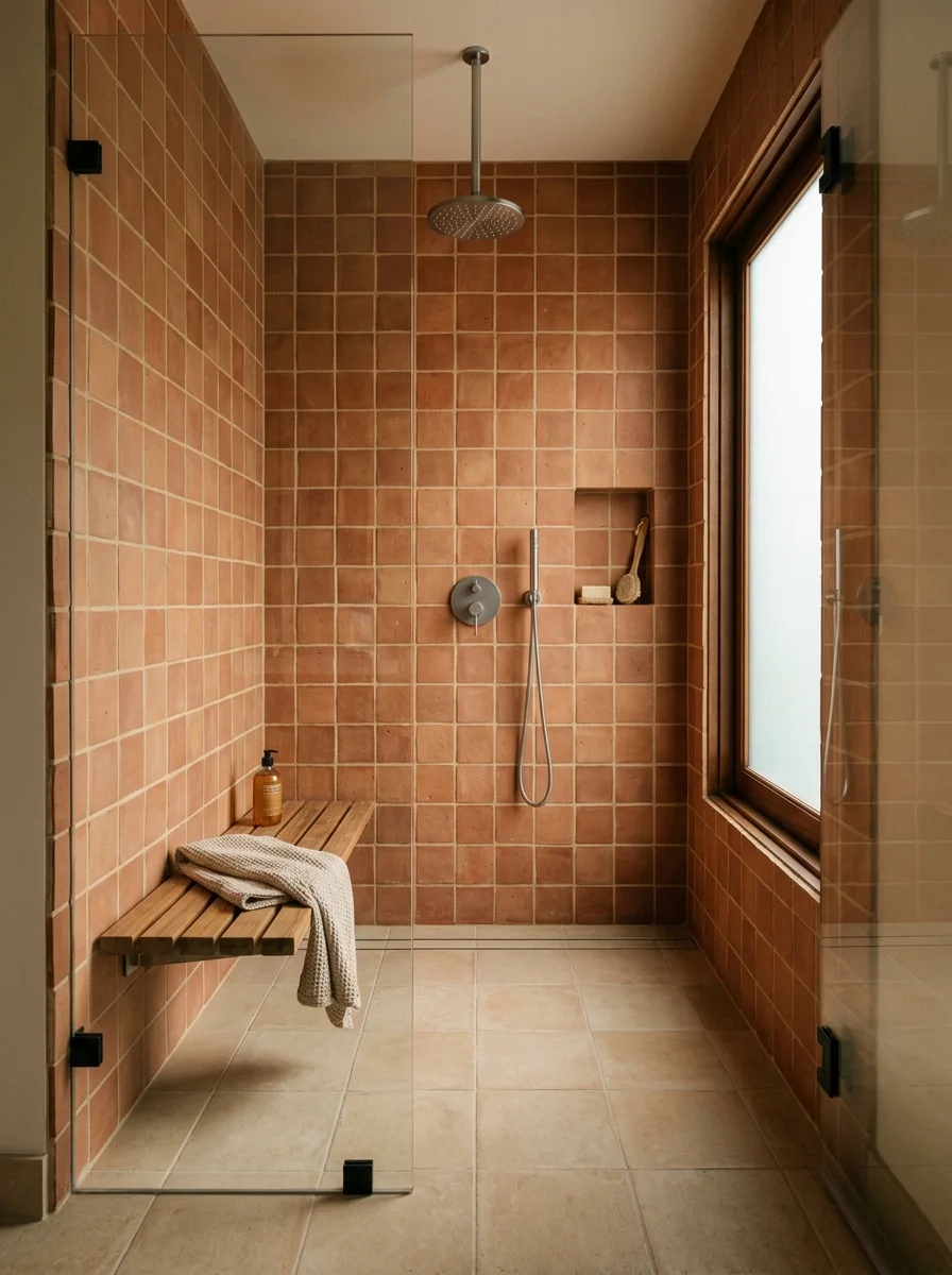 Earthy terracotta shower tiles paired with sandy beige floor in a warm bathroom color ideas inspired design