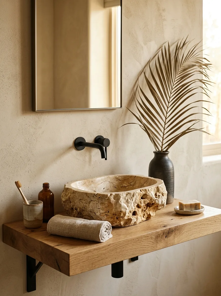 Hand-carved travertine vessel sink on oak vanity shelf in a neutral bathroom ideas organic decor style