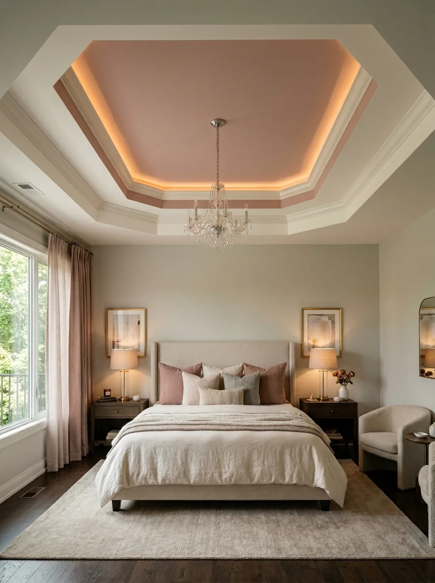 Master bedroom featuring a three-step tray ceiling with LED cove lighting as an elegant ceiling design idea