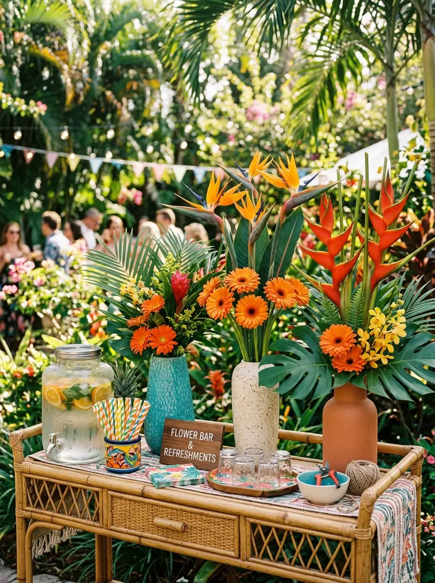 Bright tropical flower bar ideas with bird of paradise and gerbera daisies displayed in tall ceramic vases outdoors