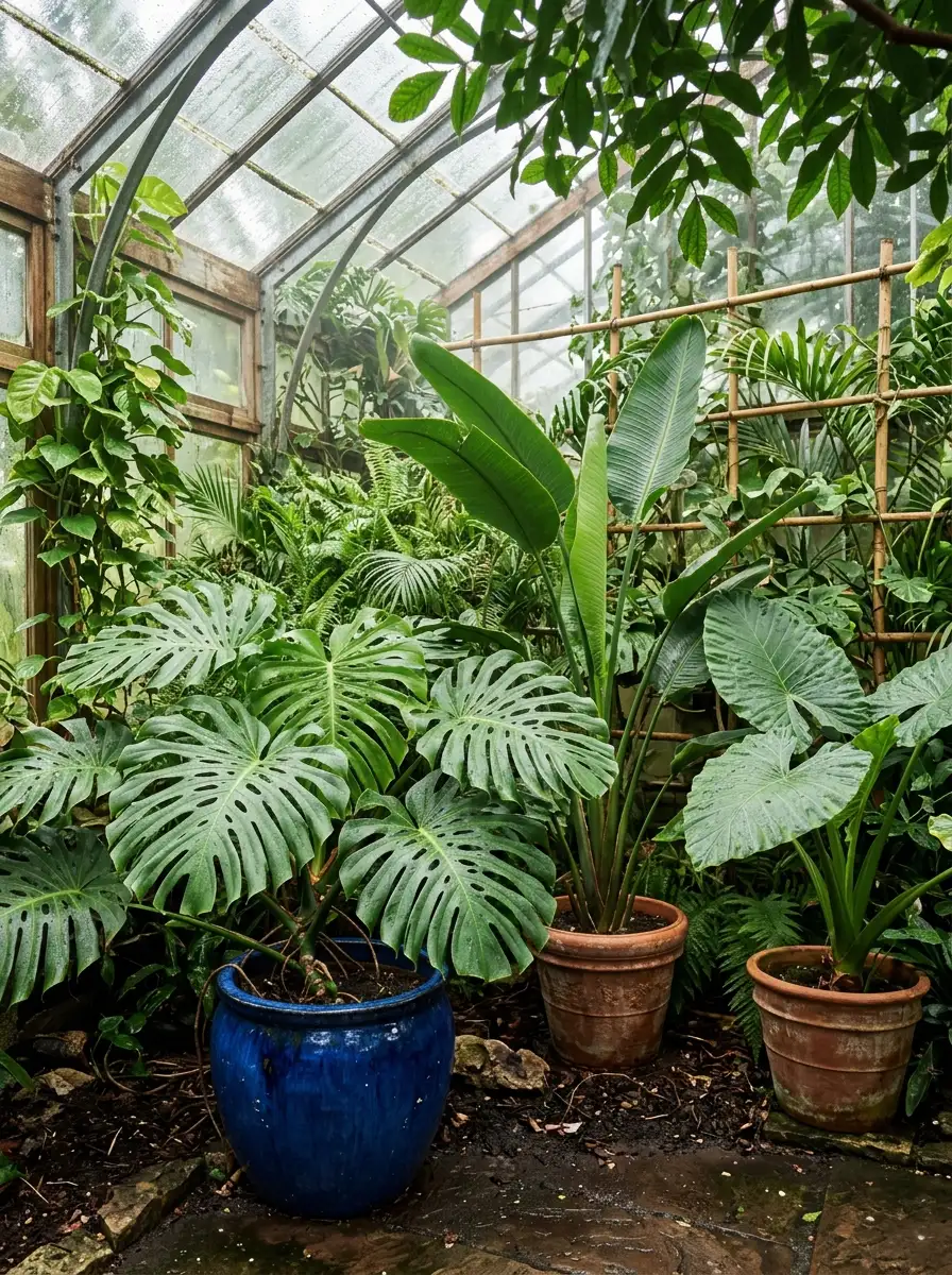 Tropical greenhouse interior ideas zone with monstera, bird of paradise plants in terracotta pots and misty humid atmosphere