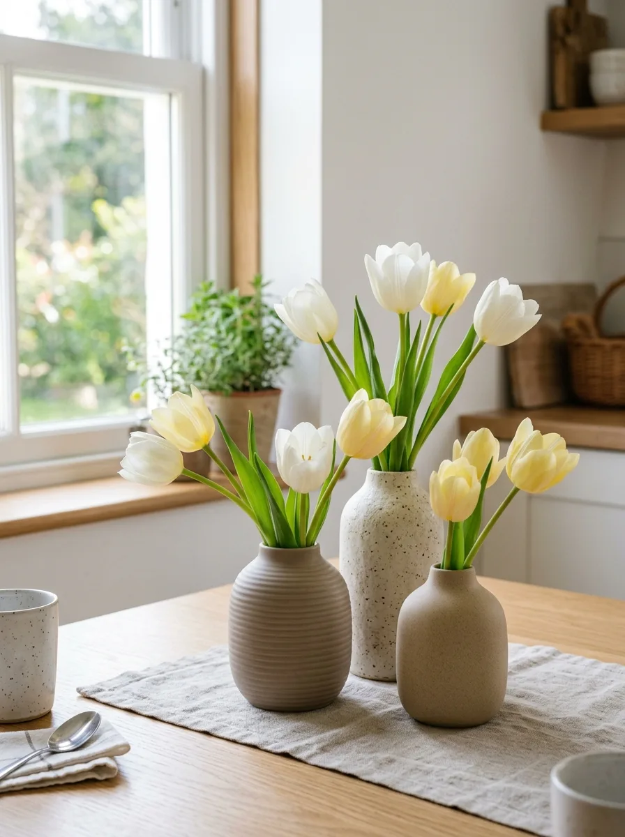 White and pale yellow tulips arranged in ceramic bud vases on a wooden dining table with linen runner.
