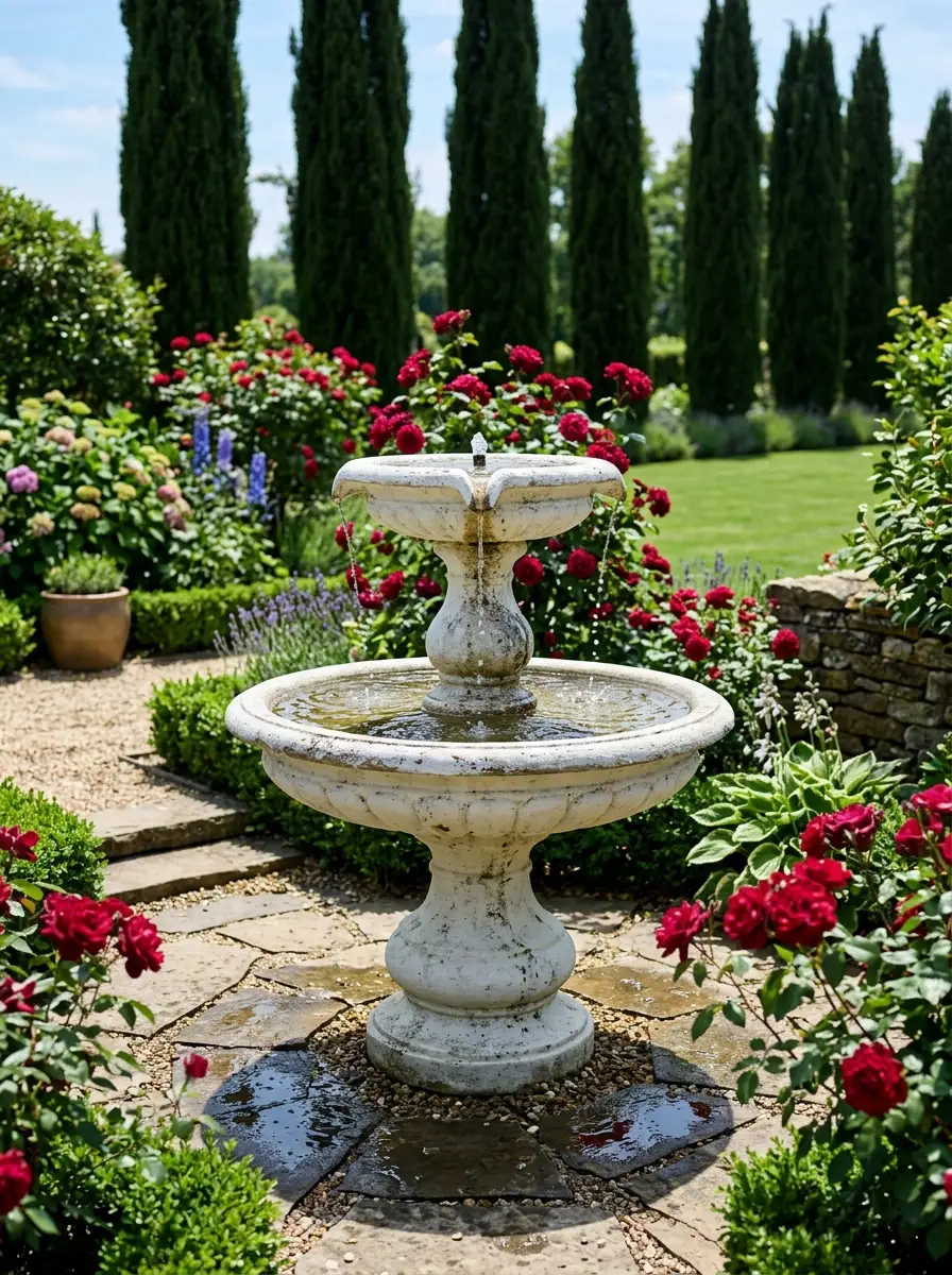 Classic two-tiered white concrete bird bath fountain surrounded by red roses and cypress trees in a formal garden