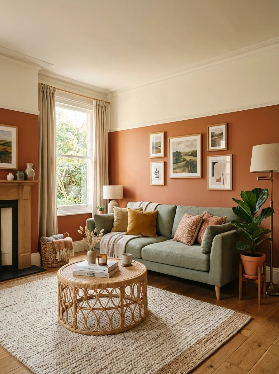 Two-tone painted walls in terracotta and cream with sage sofa and rattan furniture in a bright living room
