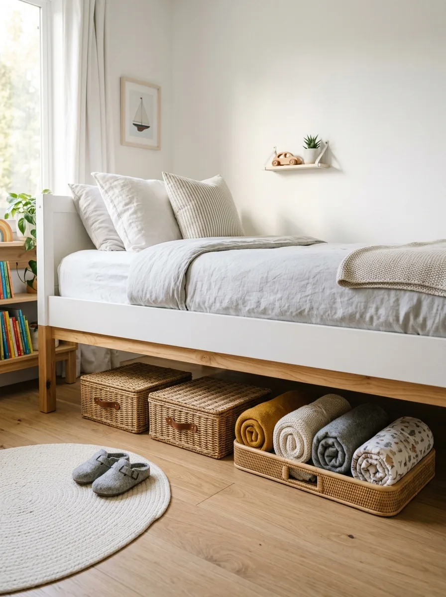 Under-bed wicker storage baskets and rattan tray beneath a white bed frame in a clean organized kids bedroom