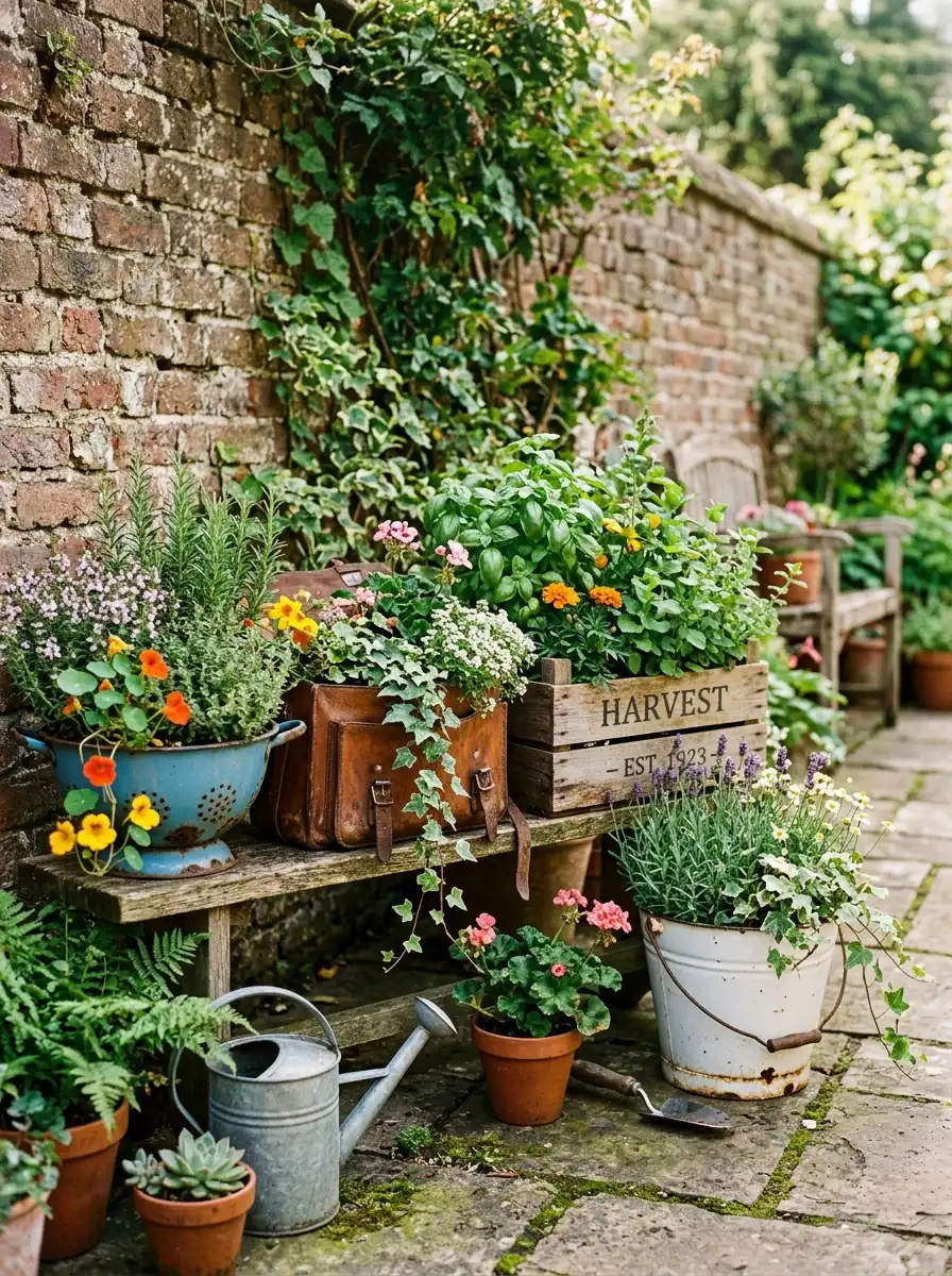 Eclectic upcycled containers including a colander, wooden crate, and enamel bucket used as garden planters in a hippie garden