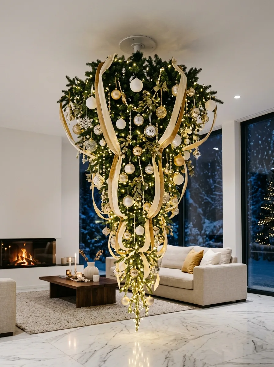 Ceiling-mounted Christmas tree adorned with gold and white baubles, ribbon accents, and twinkling lights in a modern lounge.