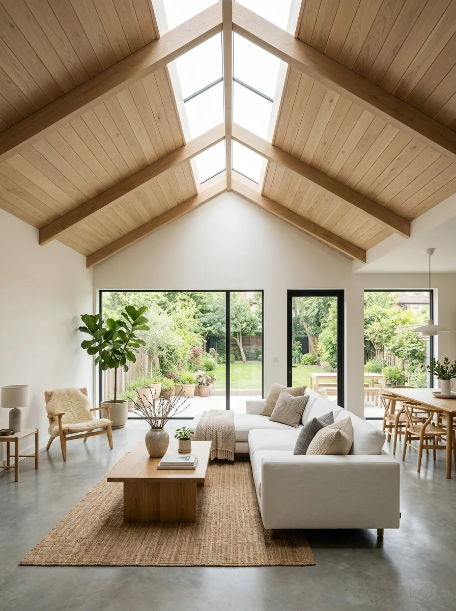 A bright living room with a vaulted white oak tongue and groove ceiling and ridge skylight showing open ceiling design ideas