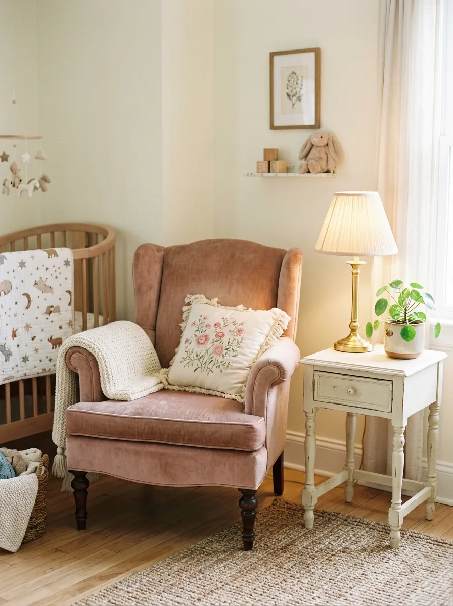 14 French-Inspired Nursery Ideas That Never Feel Outdated 8 Dusty blush velvet vintage armchair in a nursery corner beside gold lamp and side table