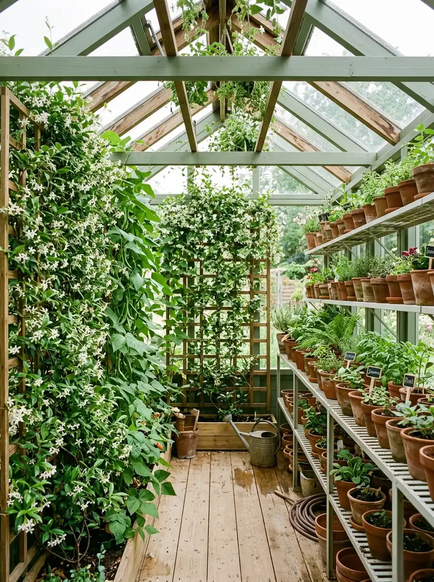 Vertical shelving and trellises inside a greenhouse interior ideas space with climbing plants and white metal shelves at multiple heights