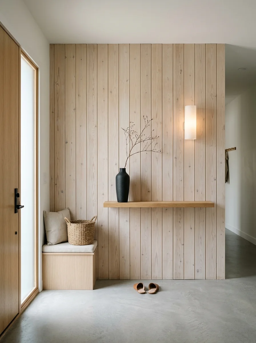 Japandi entryway design with whitewashed pine plank wall, matte black ceramic vase and frosted glass wall light