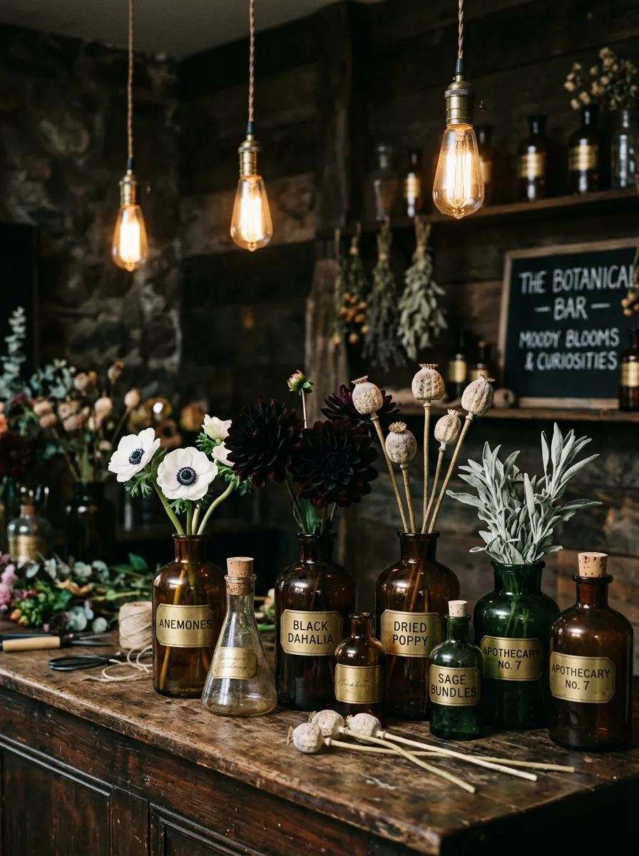 Vintage flower bar ideas with anemones and dried poppy pods in antique apothecary bottles under warm Edison lighting