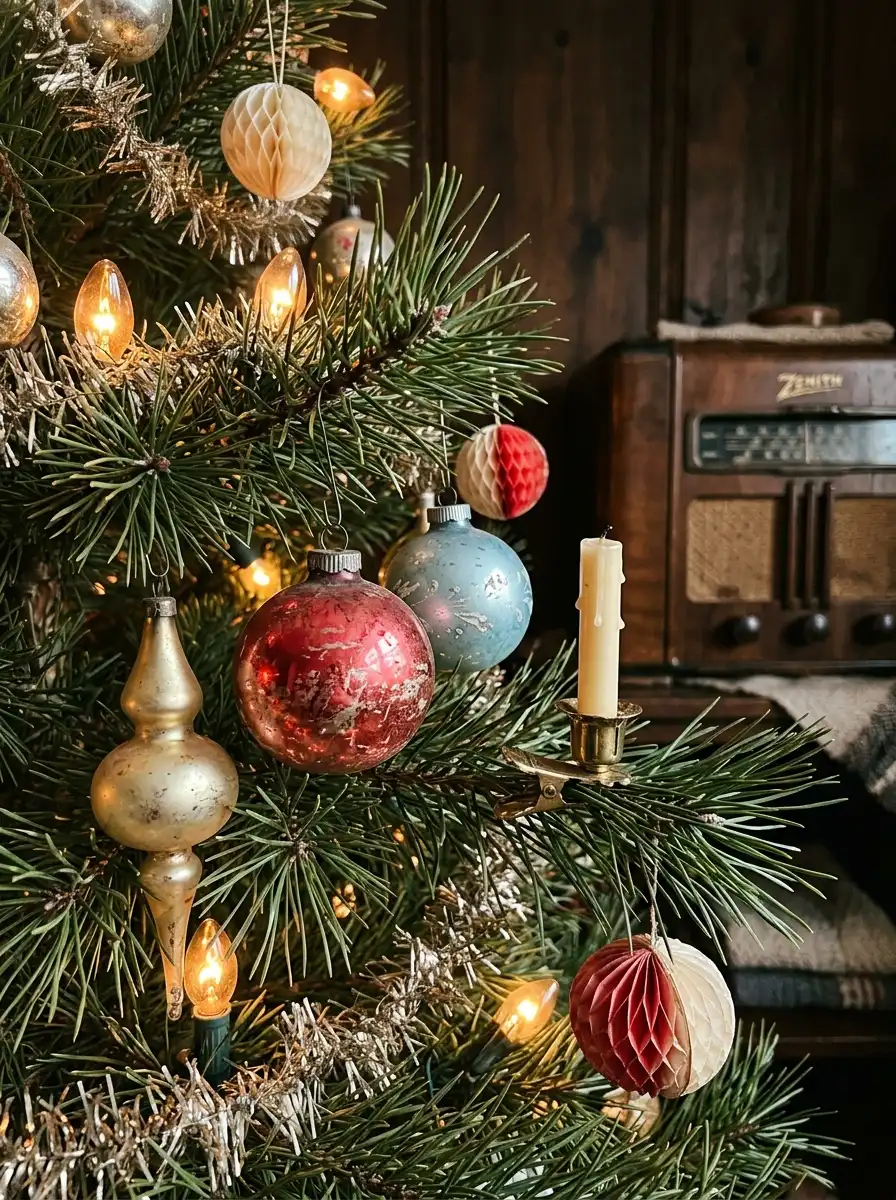 Close-up of a Christmas tree featuring vintage glass ornaments, paper decorations, candle clip, and warm string lights.