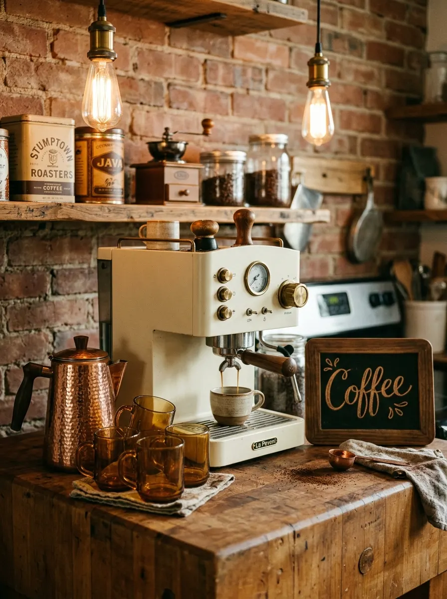 Vintage coffee station with cream espresso machine, copper percolator, and chalkboard sign on butcher block counter.