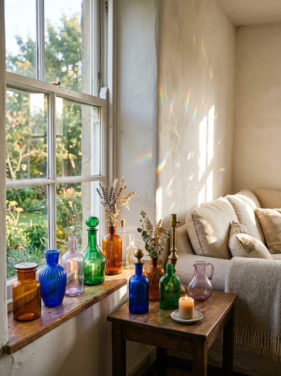 Vintage colored glass bottles in amber, cobalt, and emerald catching sunlight in a white living room