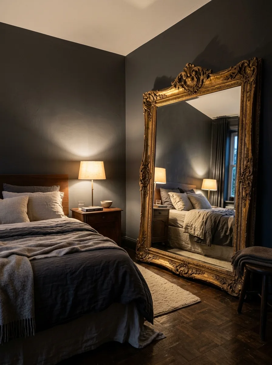 17 Dark Elegant Bedroom Ideas That Feel Cozy, Not Heavy 8 Large vintage ornate gold-framed mirror leaning against charcoal bedroom wall reflecting warm lamplight beside linen bedding