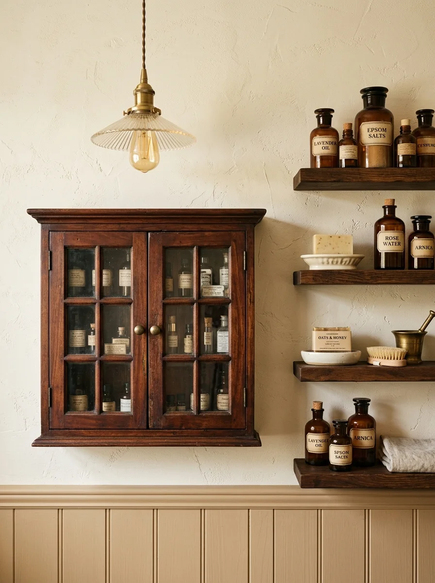 Dark mahogany apothecary cabinet with brass knobs in a beige and brown bathroom vintage curated styling