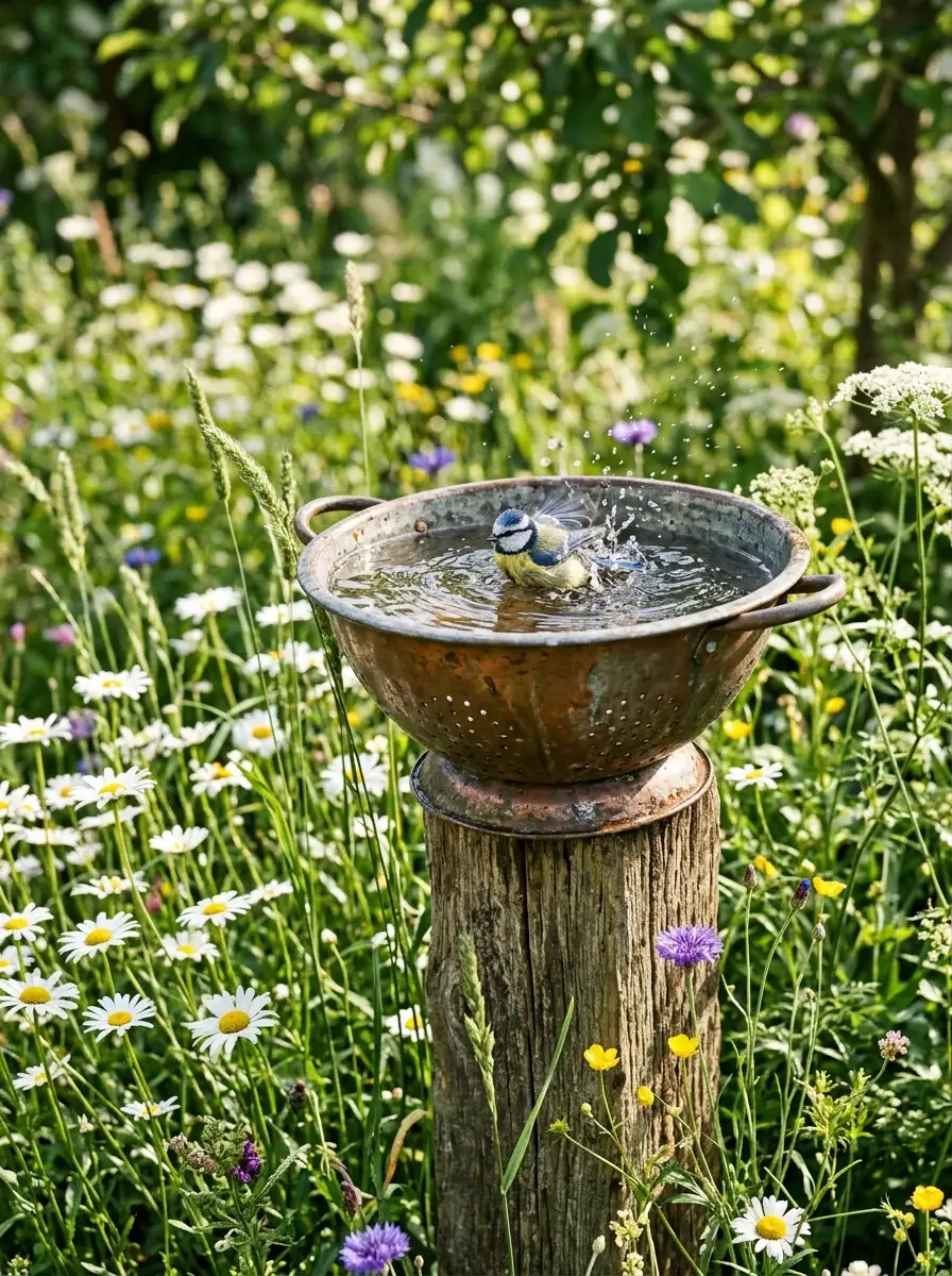 Vintage repurposed colander bird bath on a wooden post surrounded by daisies and wildflowers in a rustic garden