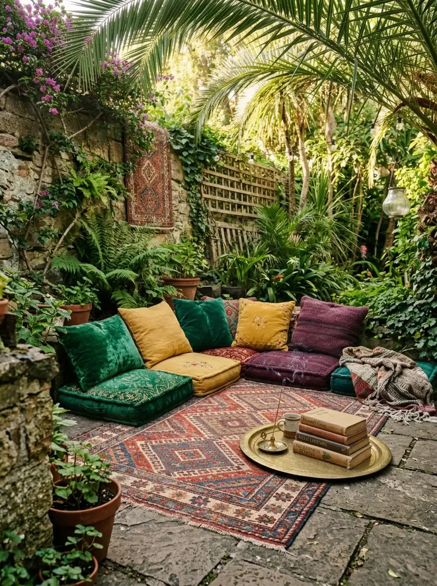 Worn vintage Turkish kilim rug with floor cushions in jewel tones creating a boho outdoor seating nook on a stone patio